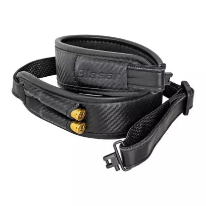 Quality Blaser sling from fine cowhide leather in elegant Carbon design. Easy handling thanks to Blaser quick-release fastener and case for two rifle cartridges.